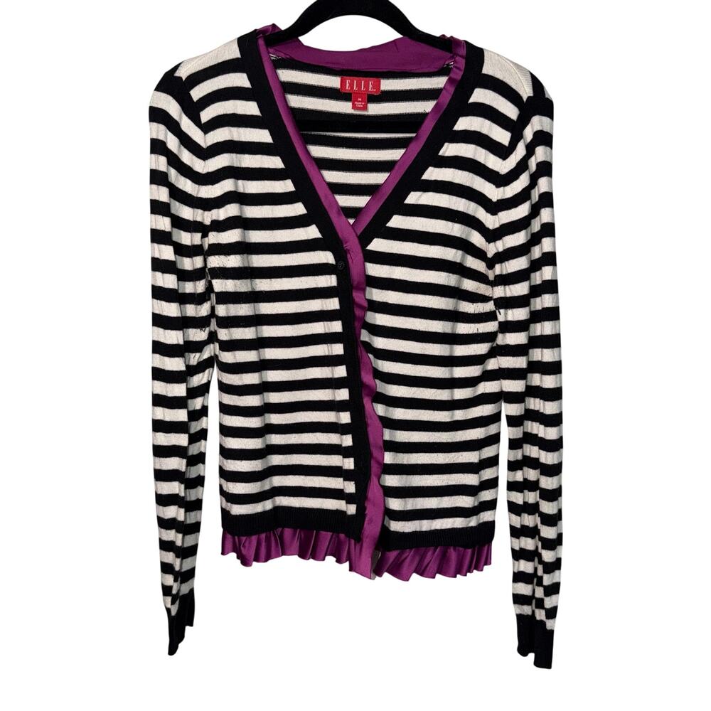 Striped Cardigan Sweater Medium Black‎ White Purple Satin Ruffle Trim Knit y2k